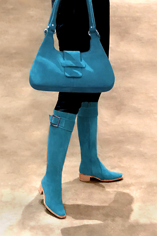 Turquoise blue women's riding knee-high boots. Round toe. Low leather soles. Made to measure. Worn view - Florence KOOIJMAN